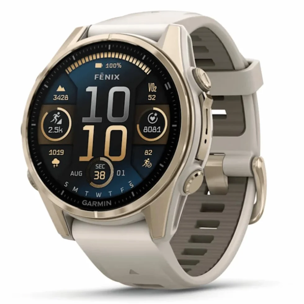 Garmin Fenix 8–43 mm, AMOLED, Saphir, weiches Gold mit Nebelgrau/Dunkelsandstein, Silikonband