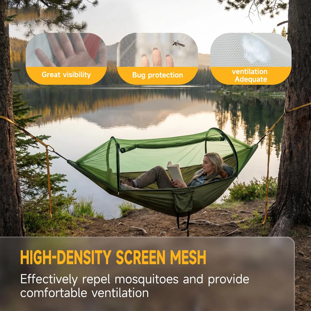 Hamaca de Camping con Mosquitero,300 kg, 260x140 cm, Hamaca con Mosquitera, Hamaca Colgante Ultraligera en Tela Paracaídas 2 Personas, Ideal para Camping,Jardín,Senderismo