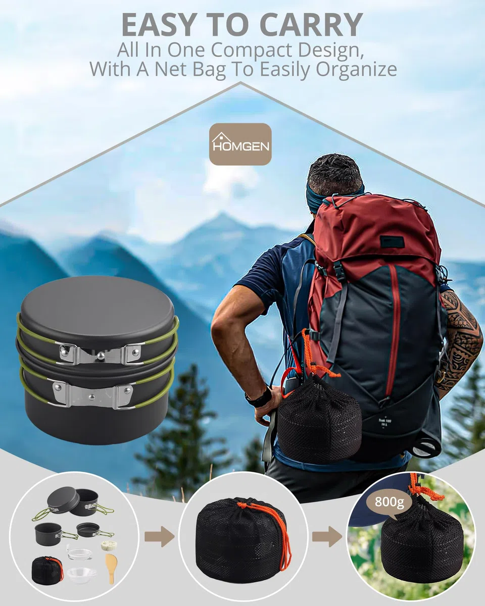 HOMGEN Juego de Utensilios de Cocina para Camping, ollas y sartenes de Aluminio, Kit de Utensilios de Cocina portátil, Equipo de Cocina Ligero para 2-3 Personas
