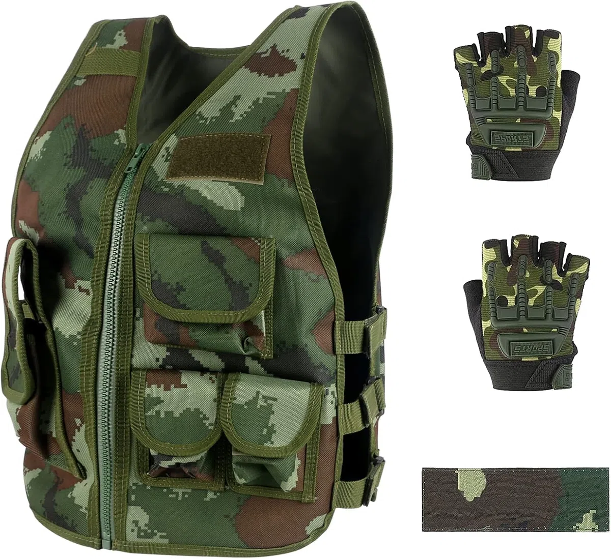 Chaleco táctico para niños al aire libre, chaleco de combate para niños, chaleco transpirable ajustable con guantes cortos de medio dedo para niños