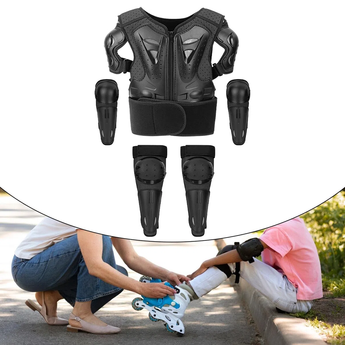 Milageto 5-Piezas Equipo de Protección Infantil con Chaleco, Rodilleras y Coderas Negro