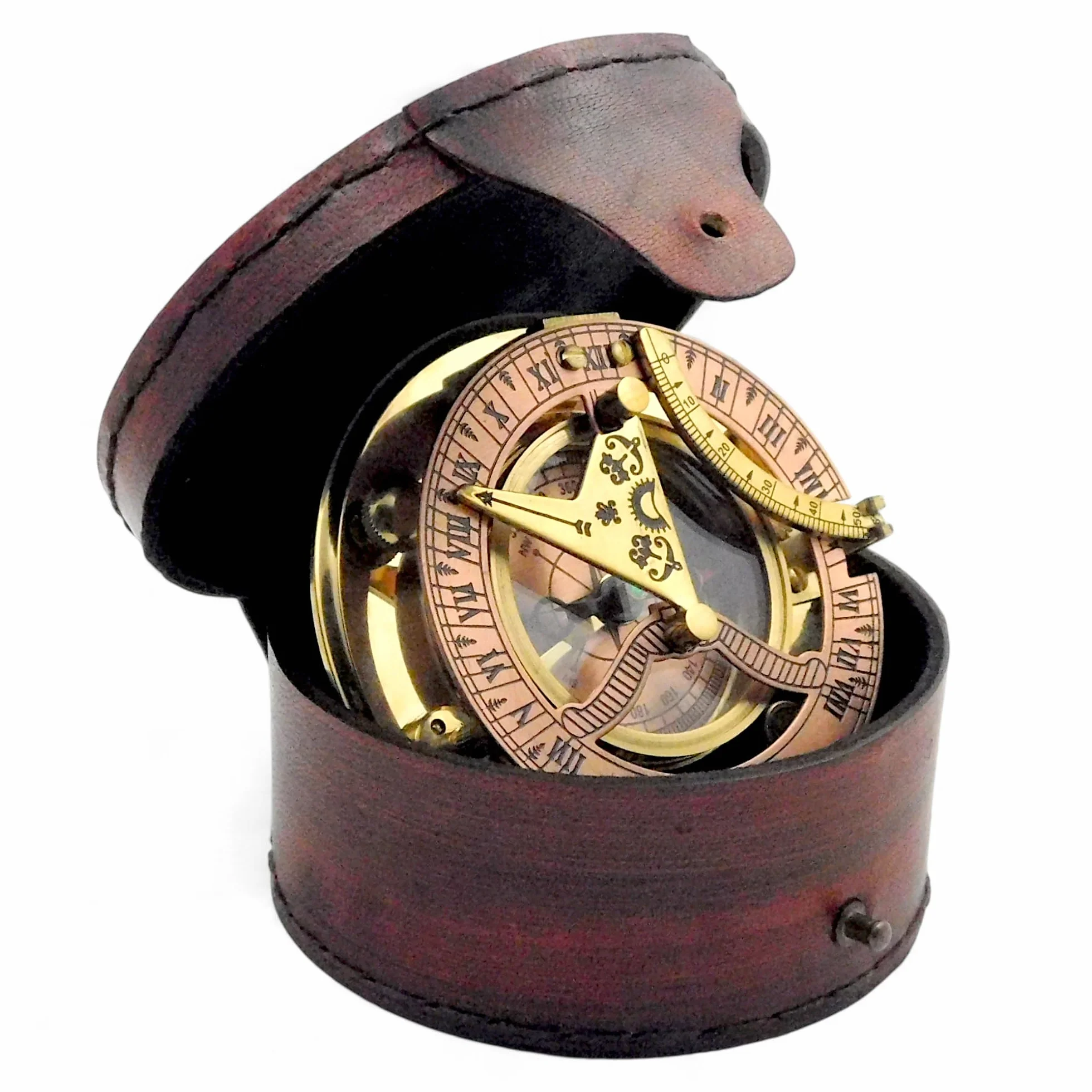Brújula Sundial de latón antiguo con elegante estuche de cuero