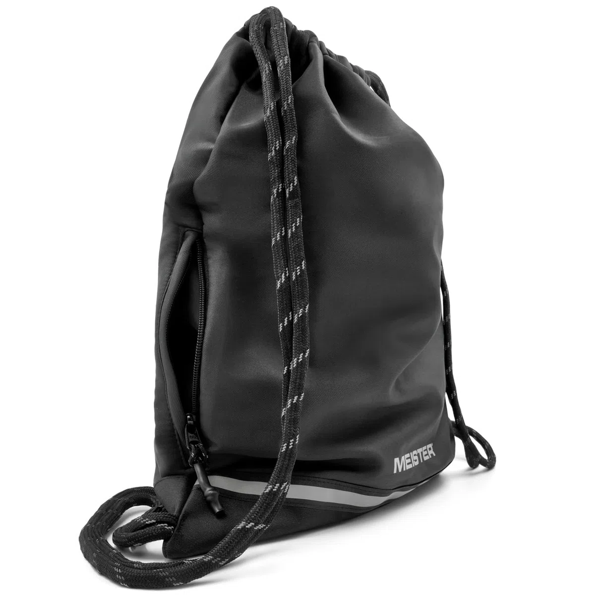 Meister Mochila XL con Cordón - Bolsa de Cuerda Impermeable para Gimnasio - Negra/Reflectante | Bolsillo externo con cremallera y accesorio interno con detalles reflectantes para mayor visibilidad