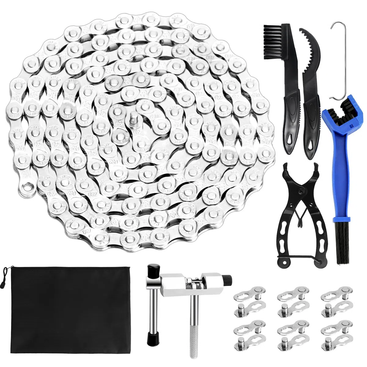Cadena Bicicleta de 9 Velocidade,1/2x11/128 Pulgadas 116 Enlace Herramienta para Cadena de Bicicleta con Alicates/Extractor de Cadenas/3 pares de Cierre Cadena/Cepillo Limpieza,Bicicleta de Carretera