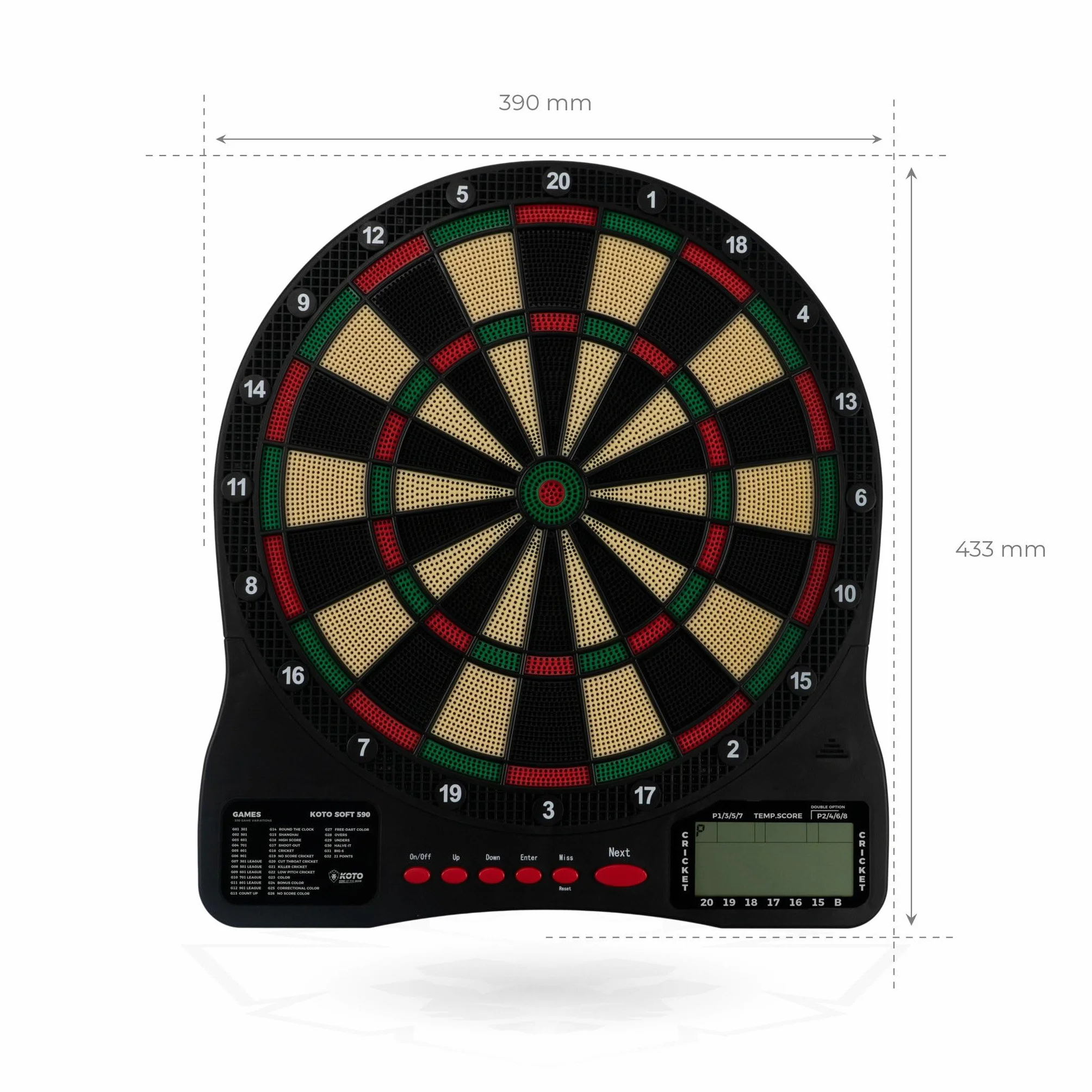 KOTO – Diana Electrónica Soft 590 Inalámbrica, 6 Dardos Soft + 24 Puntas, 32 Juegos, 590 Variantes, Portátil y Fácil de Instalar