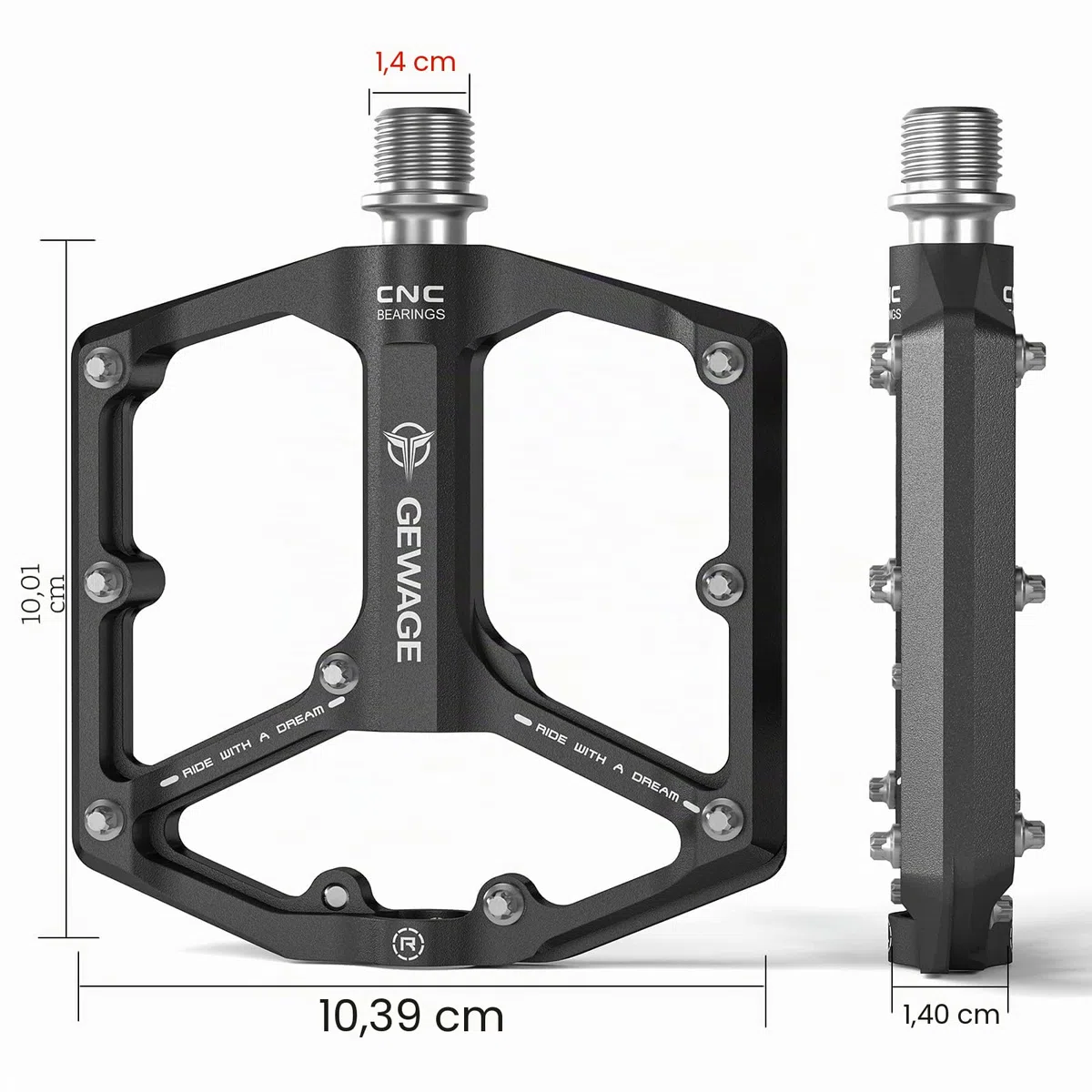 GEWAGE Pedales de Bicicleta de Carretera/montaña - Pedales de Bicicleta de 3 rodamientos - Pedales Planos mecanizados CNC de 9/16” con Clavos Antideslizantes extraíbles