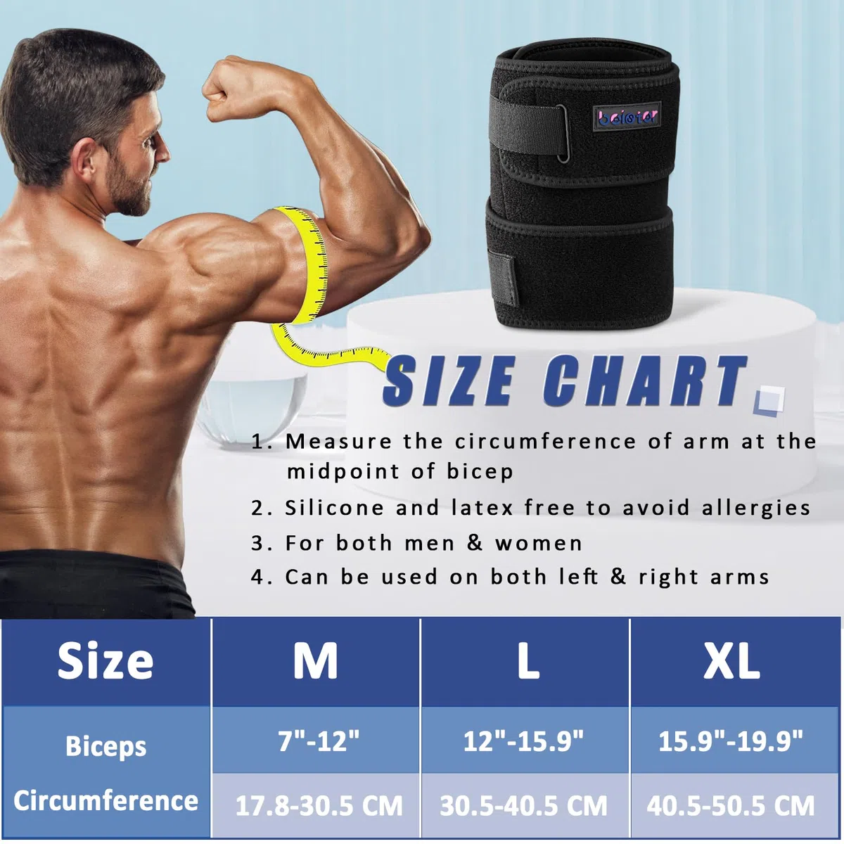 beister Soporte de compresión para brazo superior (individual), soporte para tendinitis del bíceps para hombres y mujeres con 4 correas de presión, manga de compresión para tríceps y envoltura para
