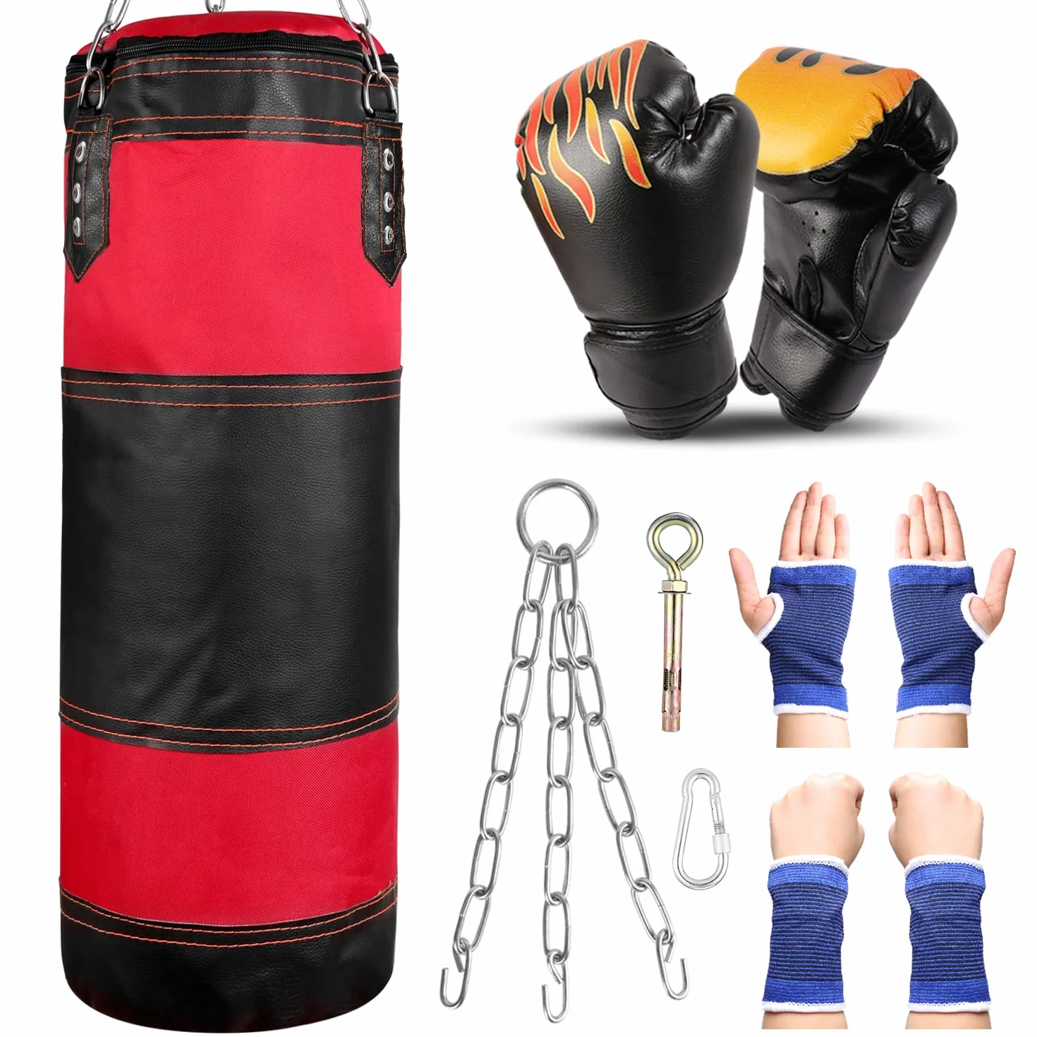 Odoland Saco de Boxeo Set 7-In-1 para Niños Sin Relleno, 2 pies/60 cm Saco de Boxeo Pesado con Guantes de Boxeo de 6 oz y Mangas Protectoras para Manos Cadenas para Colgar y Gancho