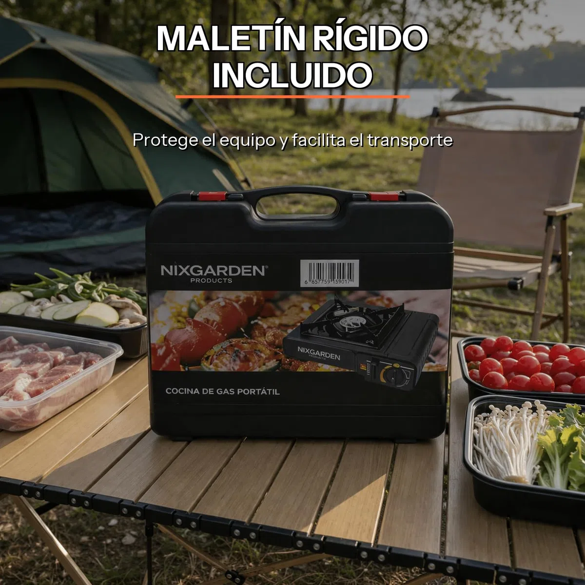Hornillo de Gas Portátil para Camping, Negro, 36 x 26 x 8 cm, con Maletín Rígido, Compatible con Cartuchos de Butano, Sistema de Seguridad Antifugas