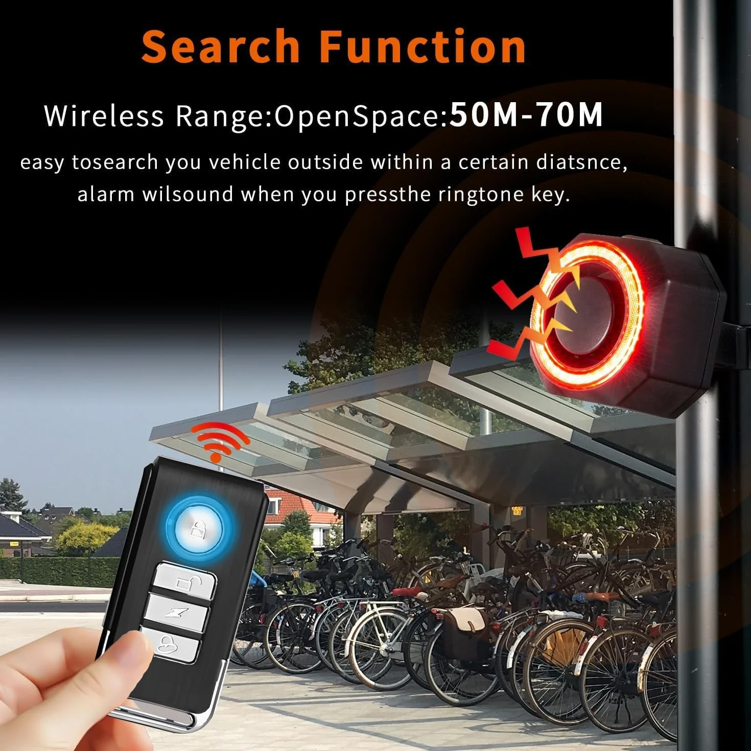 QUMOX SF33R Luz Trasera para Bicicleta con Alarma, Carga USB-C, Luz de Freno Inteligente, IP65 Impermeable, Mando a Distancia, Sirena Antirrobo para Bicicleta, E-Bike, Patinete
