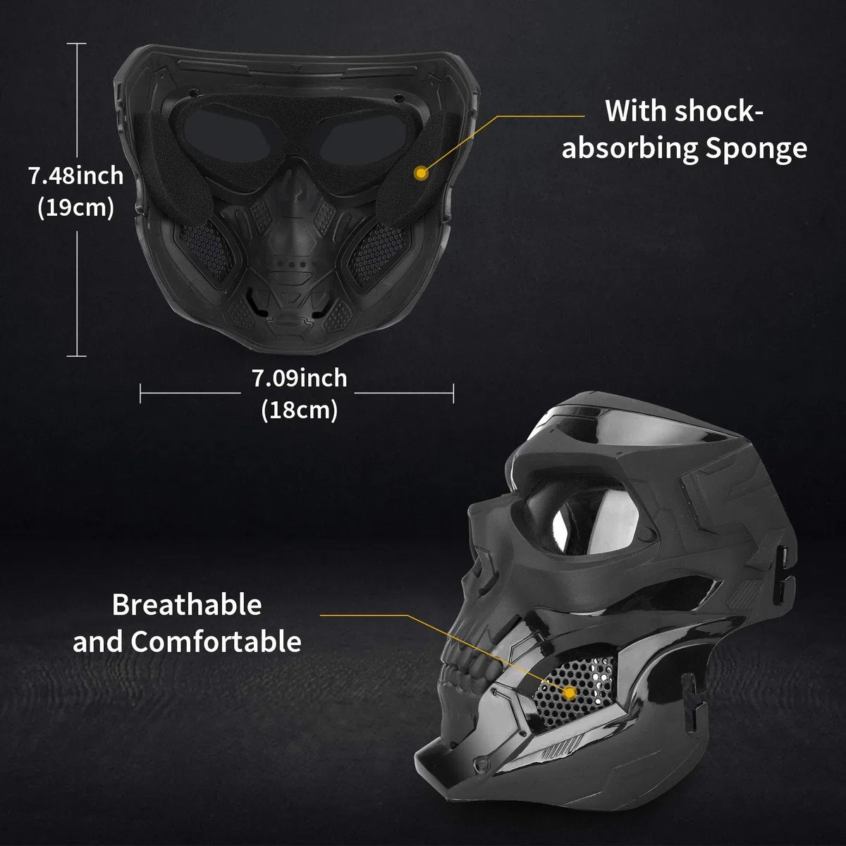 Huntvp táctica Máscara Skull Protectora Máscara Militar Paintball para Hombres Airsoft CS Cosplay Halloween,Skull-Negro