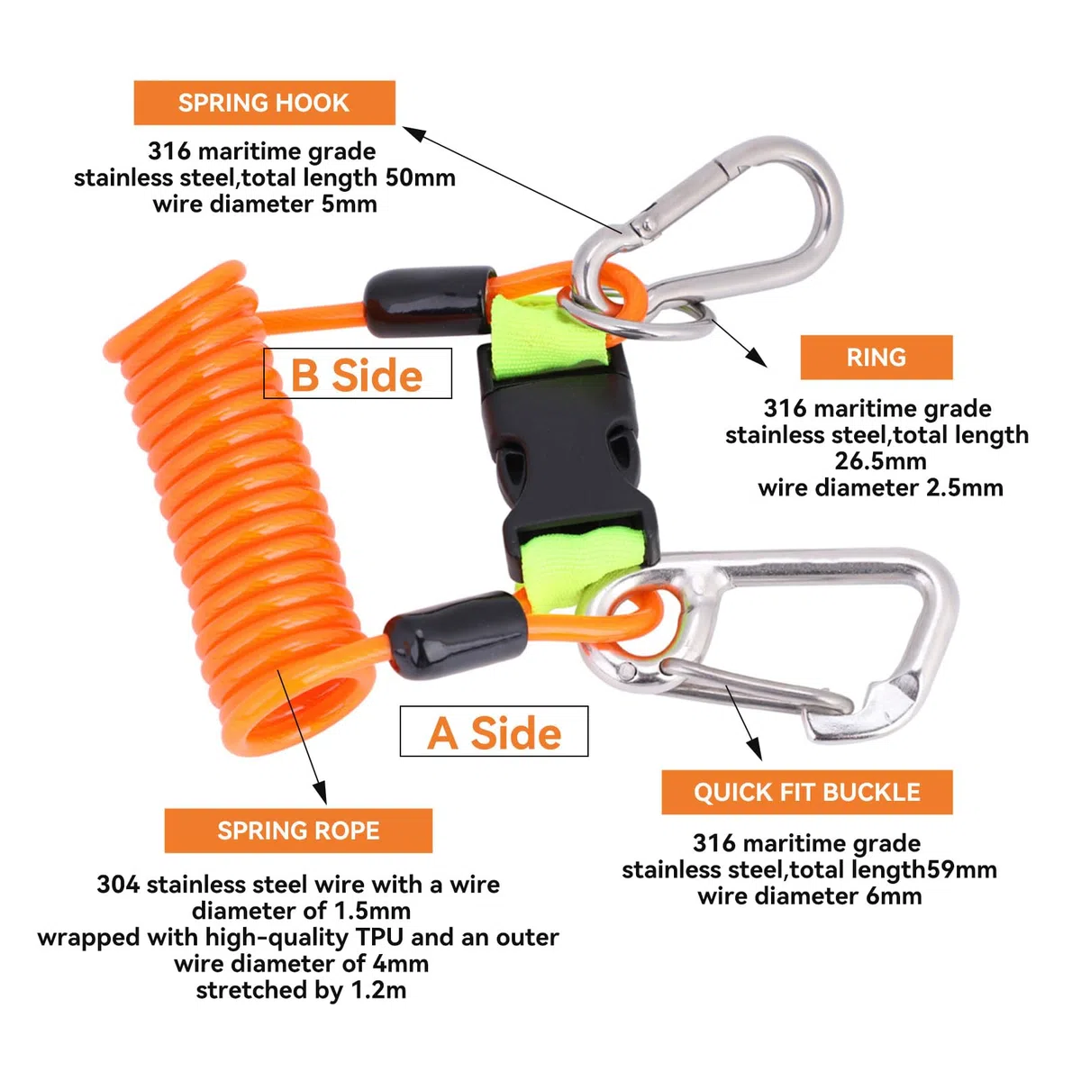 Cordón para buceo, 16,3x7cm/6,4x2,7in cordón cámara buceo de acero inoxidable, enrollado con resorte clip alta resistencia con correa y hebilla de liberación rápida para BCD, cámaras y linternas