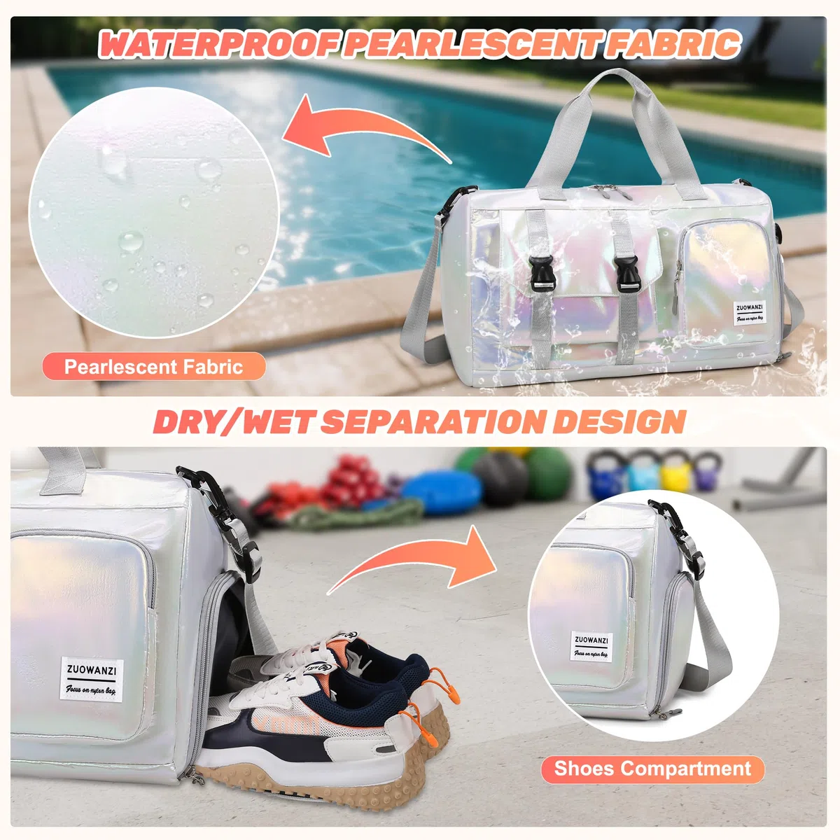 Bolsa Deporte Mujer Grande Bolsa de Viaje con Compartimento Zapatos y Bolsillo Húmedo Bolso Gimnasio Impermeable Bolsa Fin de Semana Ligera Bolsa Natacion 24L para Yoga Gym Piscina, Blanco