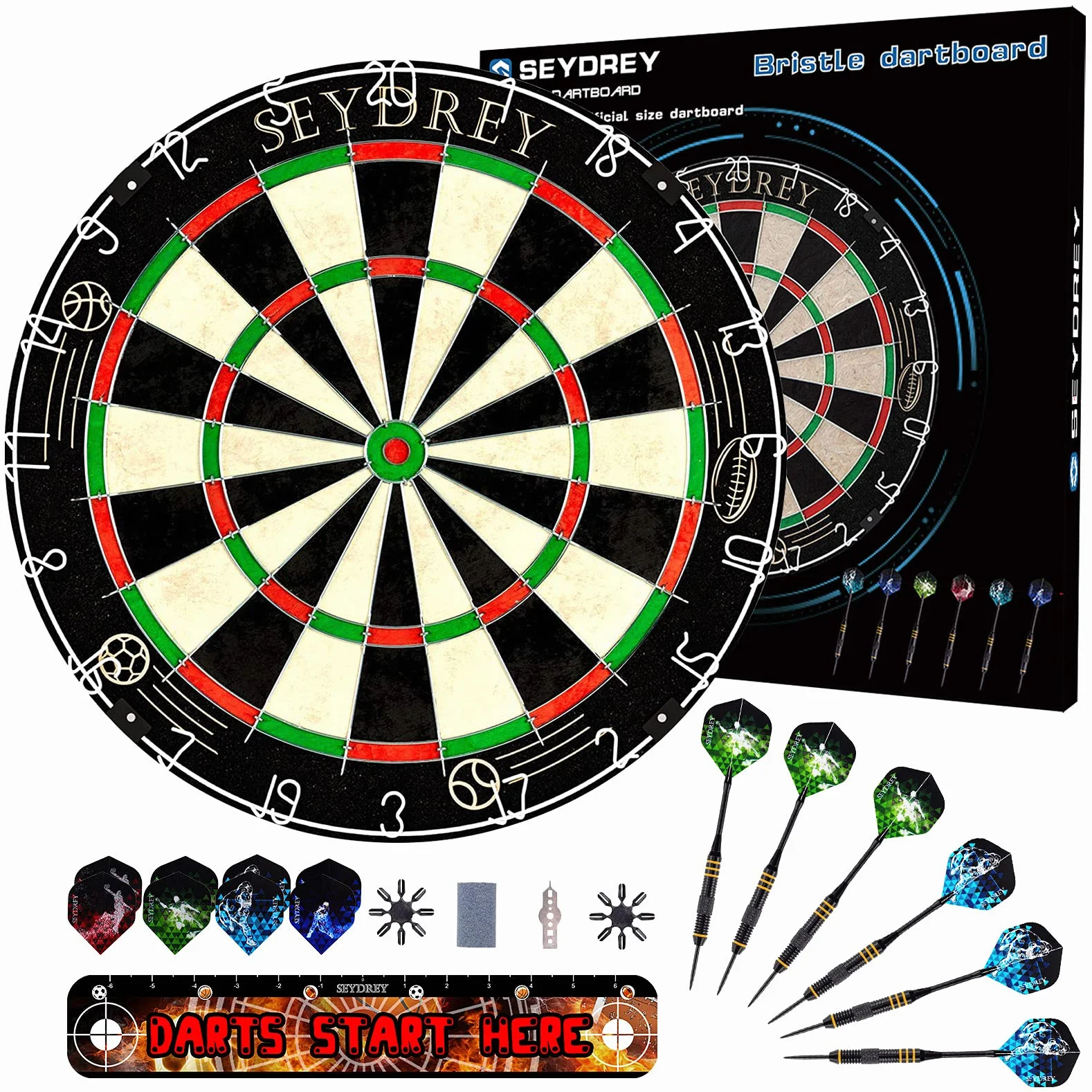 Seydrey Diana de Corcho con Flechas, Diana Oficial de Acero, Juego de 6 Dardos con Punta de Metal, 12 Plumas, Ranura giratoria