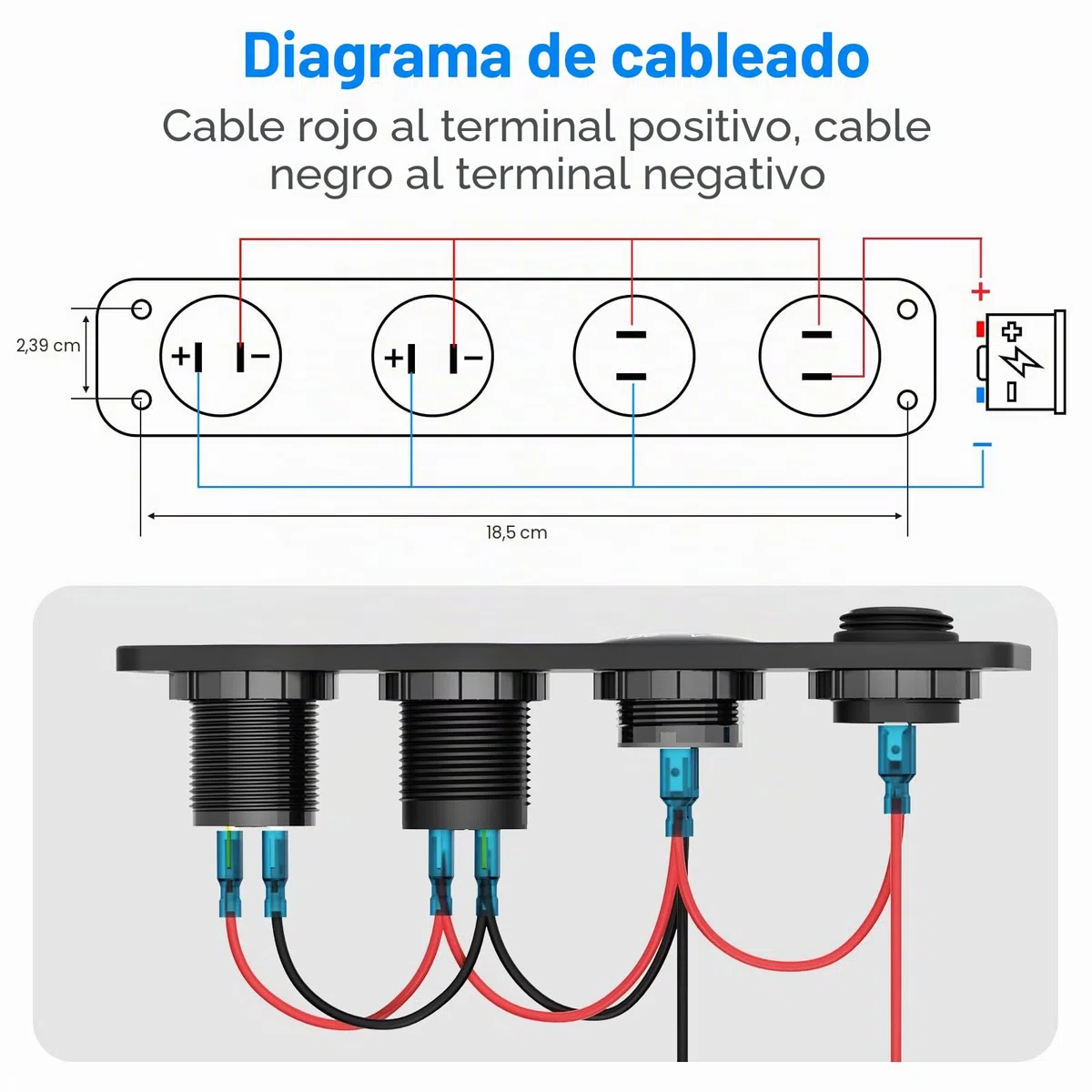 Toma USB 12V Accesorio RV Marina Panel de Interruptores Enchufe, Doble PD3.0 Puerto USB del coche cargador aluminio, 150W Enchufe mechero, Voltímetro LED azul e interruptor de palanca Kit de bricolaje