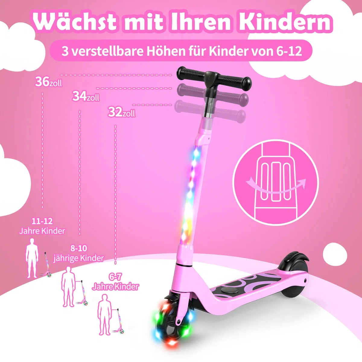 SISIGAD - Patinete eléctrico para niños de 6 a 12 años, 5.3", con Luces LED Intermitentes y 3 Alturas Regulables, Carga máxima de 10 km/h, Motor 45 W, Carga máxima 70 kg