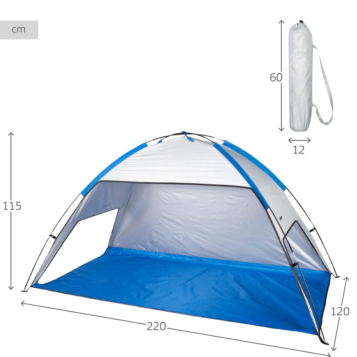 AKTIVE Tienda de Playa, 220 x 120 x 115 cm, 2 Personas, Protección UV50, Revestimiento Interior Plateado, Incluye piquetas, Bolsa de Transporte, Carpa Impermeable, Refugio Pesca (62321)