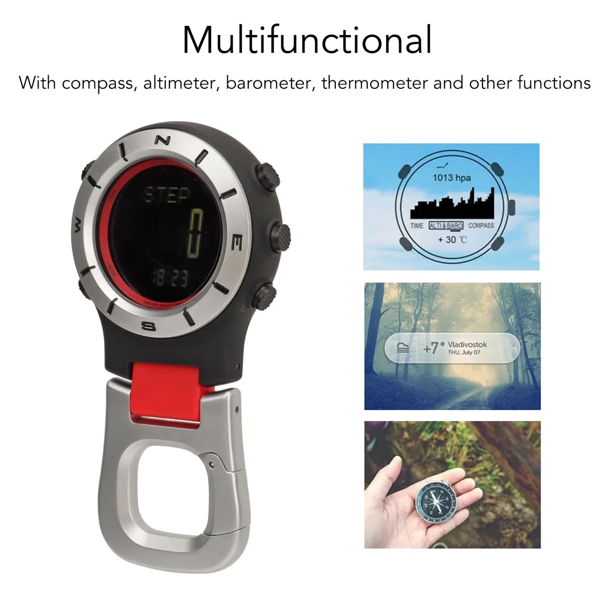 VGEBY Reloj de Bolsillo con Clip para Hombres y Mujeres, Brújula Impermeable, Altímetro, Barómetro, Termómetro, Reloj Deportivo Digital de Mano para Escalada