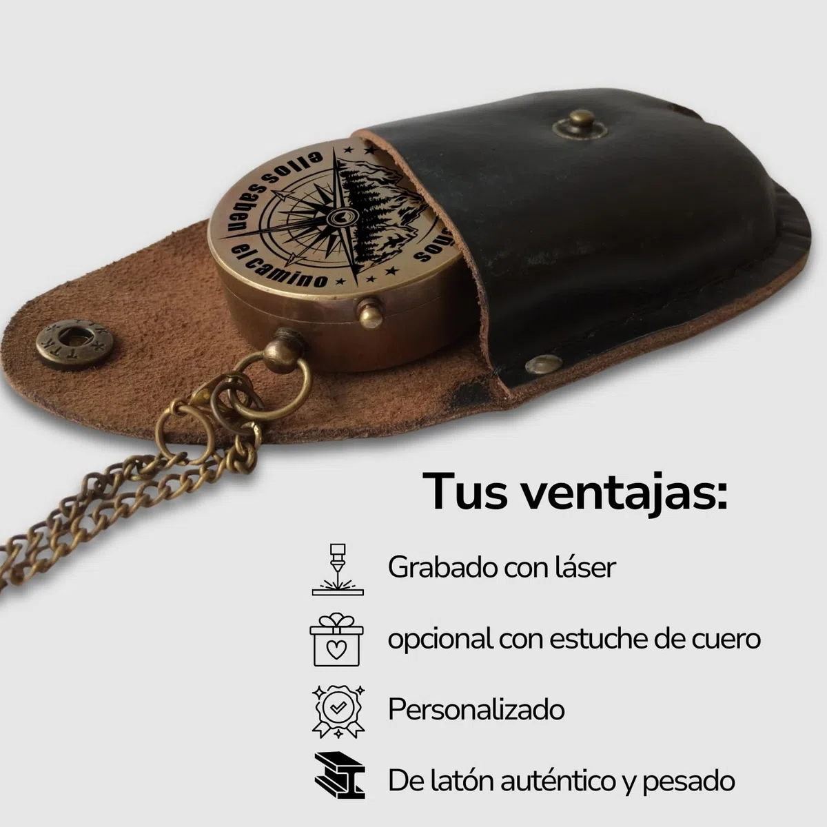 Brújula personalizada con grabado personalizable y texto personalizado, varios diseños, piel de latón, caja de regalo, gran idea de regalo