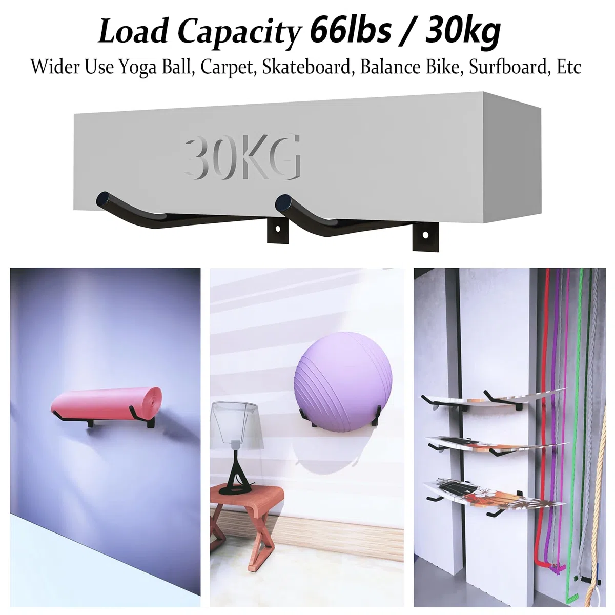Soporte de pared para pelotas medicinales y esterilla de yoga, soporte de pared para 2 pares de pelotas de ejercicio, soporte de metal para almacenamiento de equipos de fitness en gimnasio o