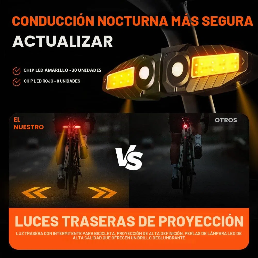 Luz Trasera Bicicleta con Proyección Recargable USB-C Luces Intermitentes Bicicleta Electrica con Control Remoto 150 Lúmenes IPX4 Luz Direccionales para Bicicleta, 5 Modos