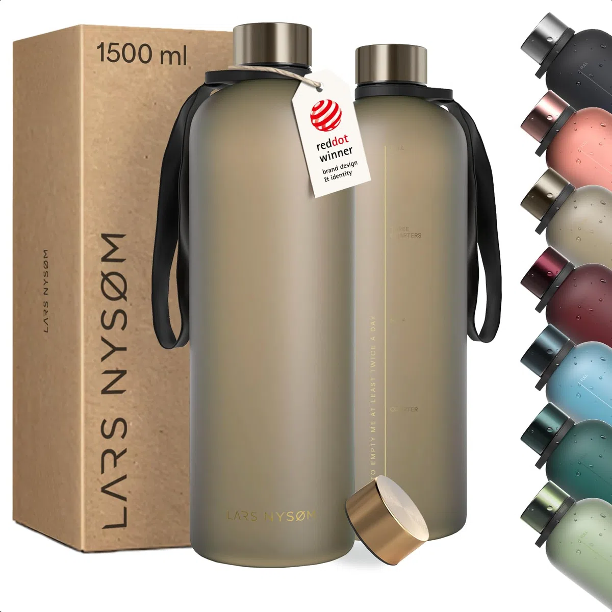 LARS NYSØM Botella de Agua 1,5l | Botella Agua | Cantimplora Deportiva Tritan Ultraligera a Prueba de Fugas, Apta para el Ácido Carbónico | 2 Tapas Incluidas (Brown - Gold, XL 1500ml)