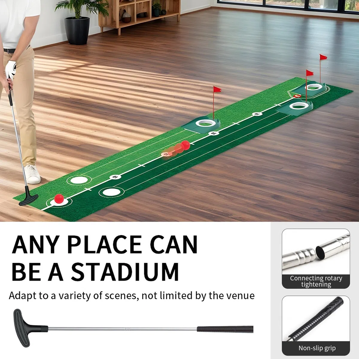 Tapete De Putt De Golf,Kit de Entrenamiento de Golf | Equipo Portátil con Palos, Hoyo y Bolas para Niños y Adultos en Interior, Exterior, Jardín y Camping
