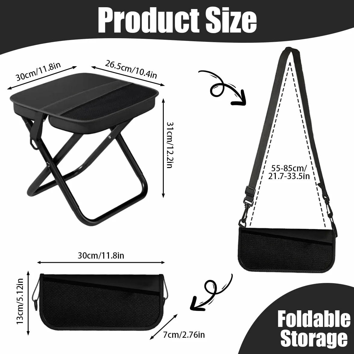 Taburete Plegable Portatil Exterior, Taburete Plegable Camping Pequeño Con Malla y Correa, Mini Sillas Plegables para Acampar al Aire Libre para Interiores y Exteriores Camping Senderismo (Black)