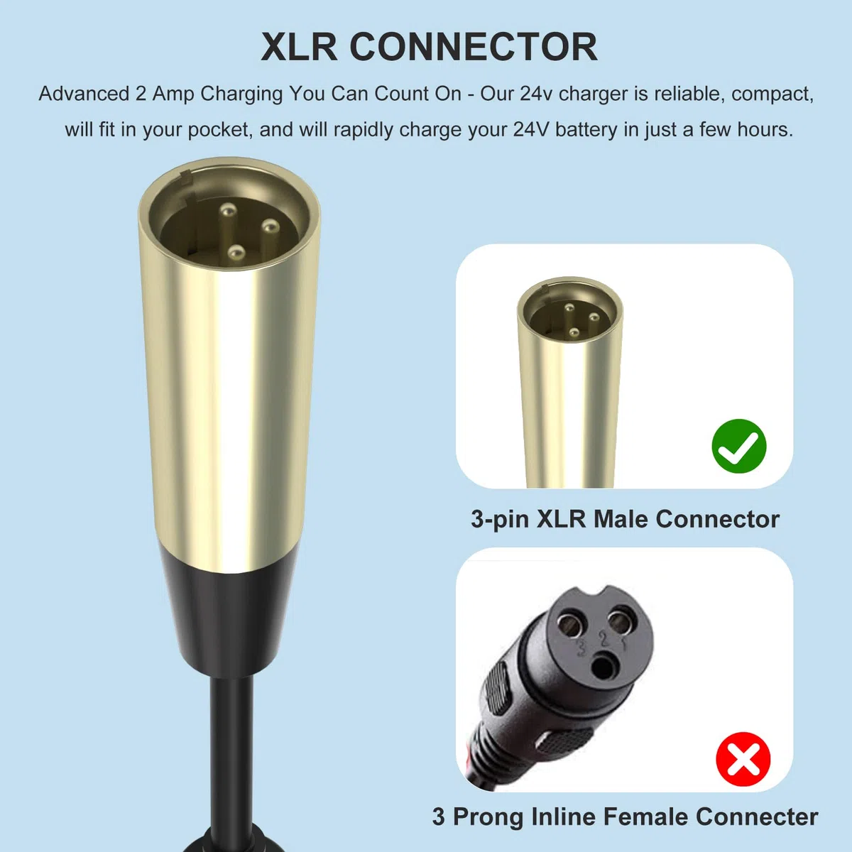 Cargador XLP de 29,4V 24V y 2A con 3 Pines para Scooters eléctricos Premium, sillas de Ruedas, Go-Go Elite Traveller, Jazzy Power Chair, Pride Mobility, ShopRider, Ezip D-Rive Medical, Bladez y Elite