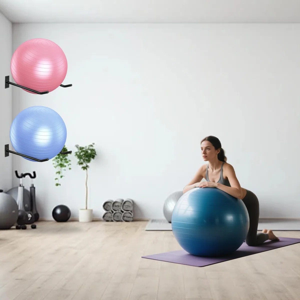 Soporte de pared para pelotas medicinales y esterilla de yoga, soporte de pared para 2 pares de pelotas de ejercicio, soporte de metal para almacenamiento de equipos de fitness en gimnasio o