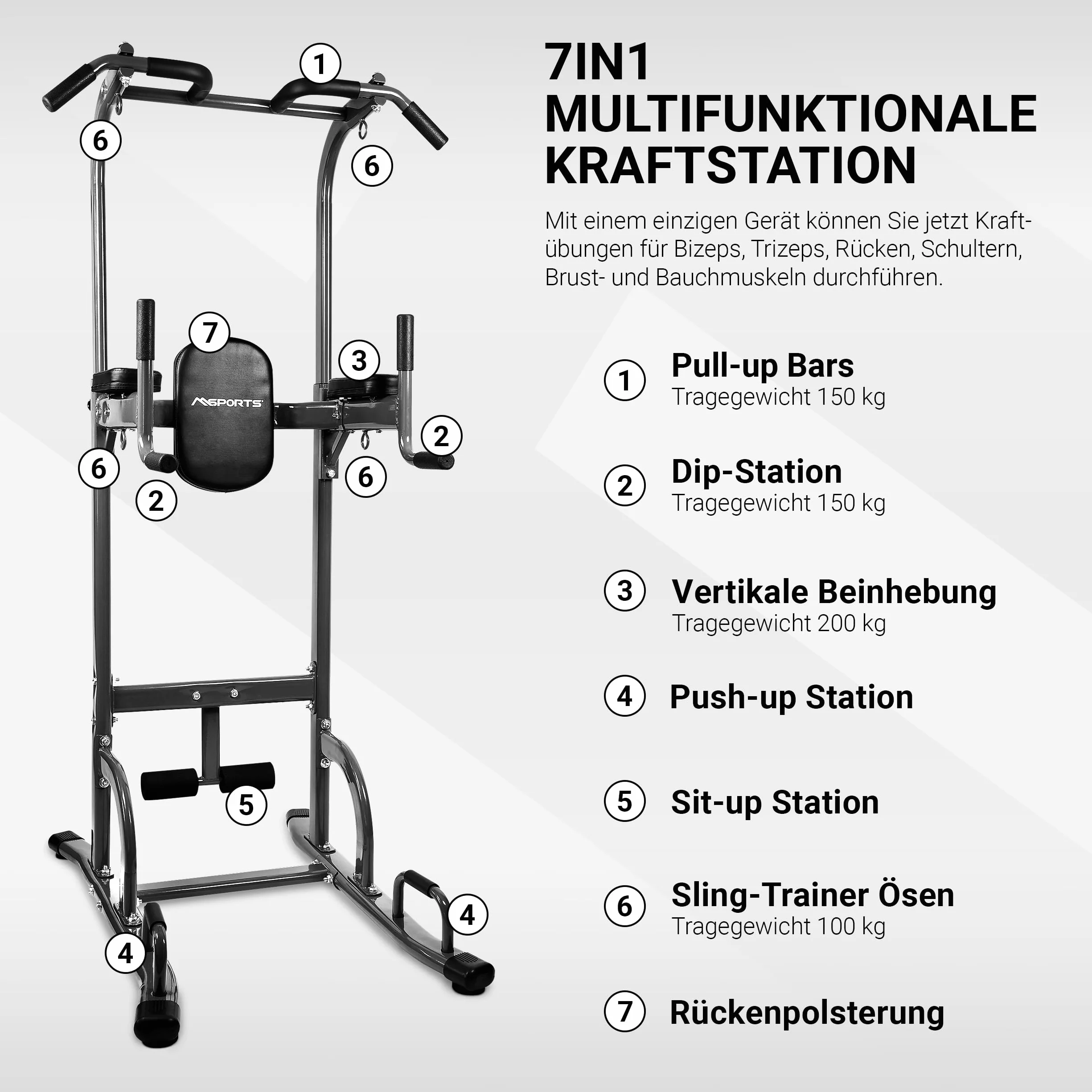 Estación de Fuerza multifunción 7 en 1, tamaño Ajustable, con Asas de flexión, 4 Ojales para Entrenamiento en Suspension, Sentadillas y Barra de dominadas, Barra