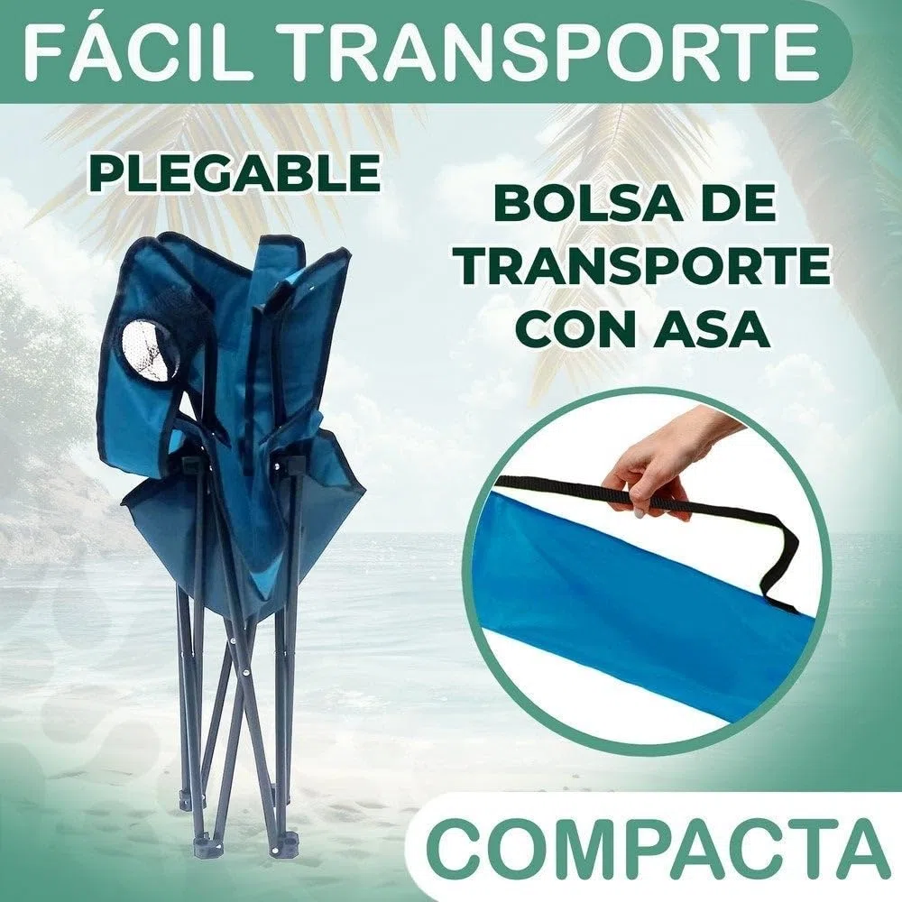 LOLAhome Silla Playa Camping Pesca y Caza Plegable Cierre Tijera Estructura Acero con Pintura Epoxi anticorrosión y Lona poliéster Oxford 600 D Azul, portavasos y Bolsa de Transporte