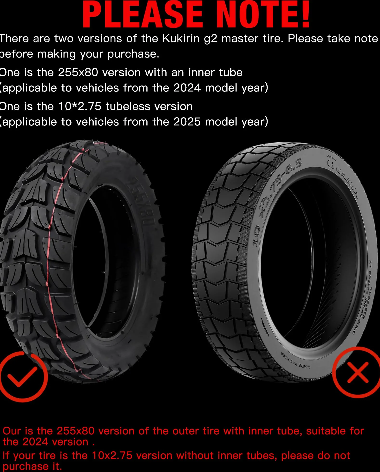 Neumáticos Ruedas Delanteras y Traseras Compatible con KuKirin G2 Max G2 Master KickScooter 255x80 Vacío Exterior Neumático 10 Pulgadas Antideslizante Accesorios Originales