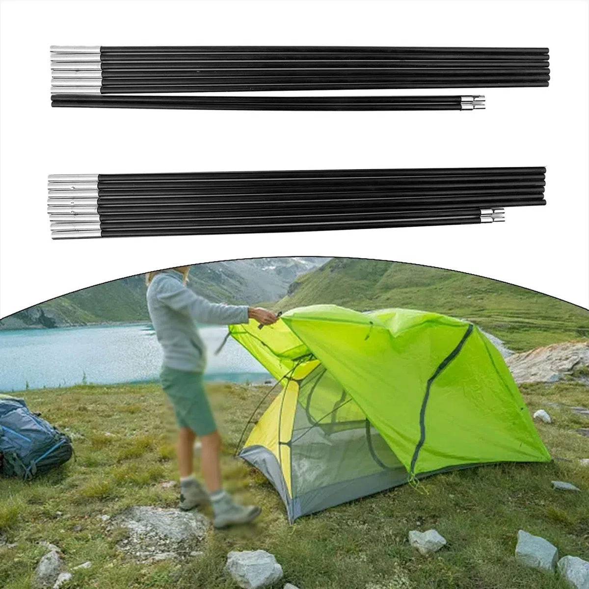 Juego de varillas de repuesto plegables de fibra de vidrio de 11 secciones con conectores integrados, diseño ligero y portátil para refugio de camping, color negro, dos