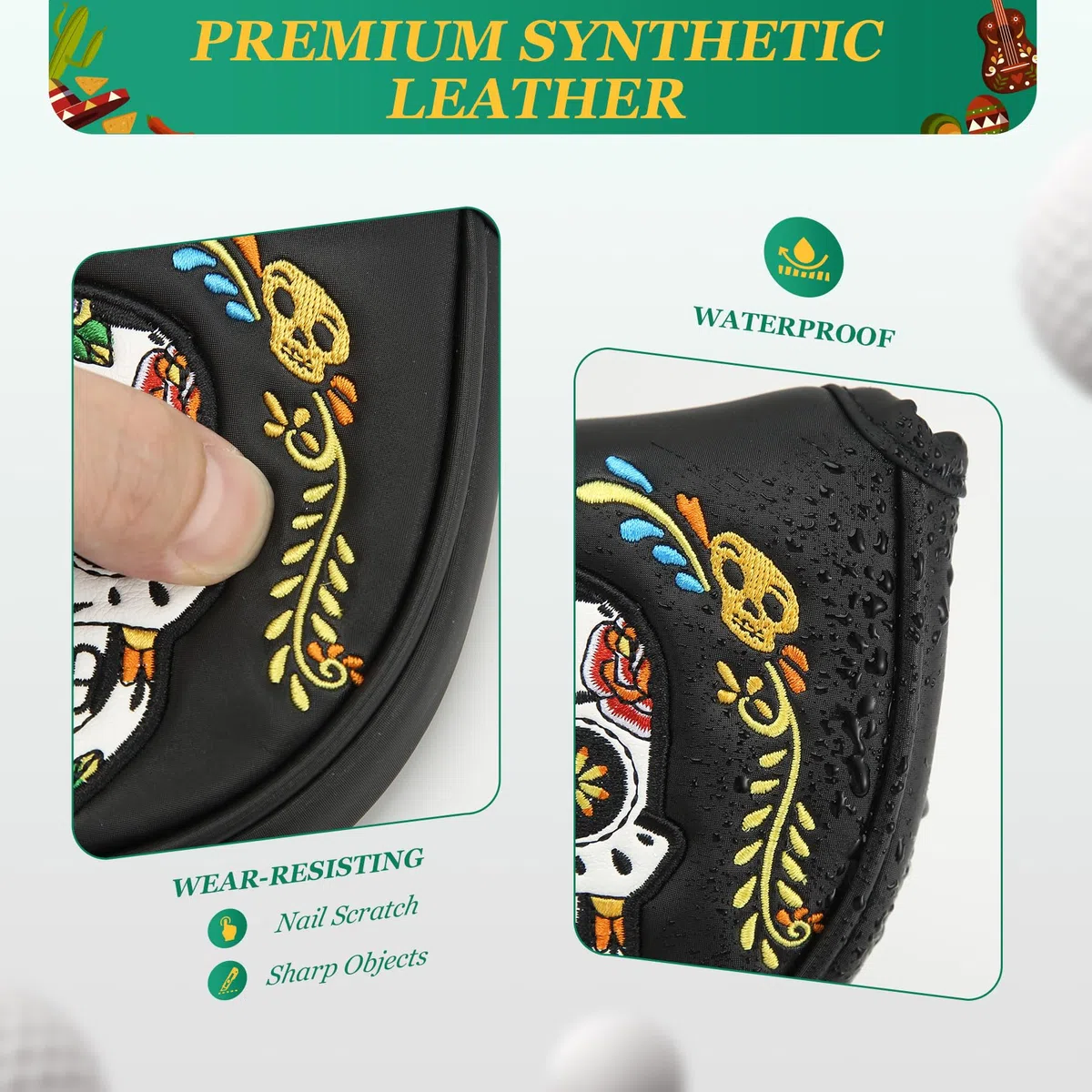 Fundas para cabeza de putter, cubierta de cabeza de putter, cierre magnético de alta calidad para cubierta de cabeza de golf, piel sintética negra, patrón de calavera colorida