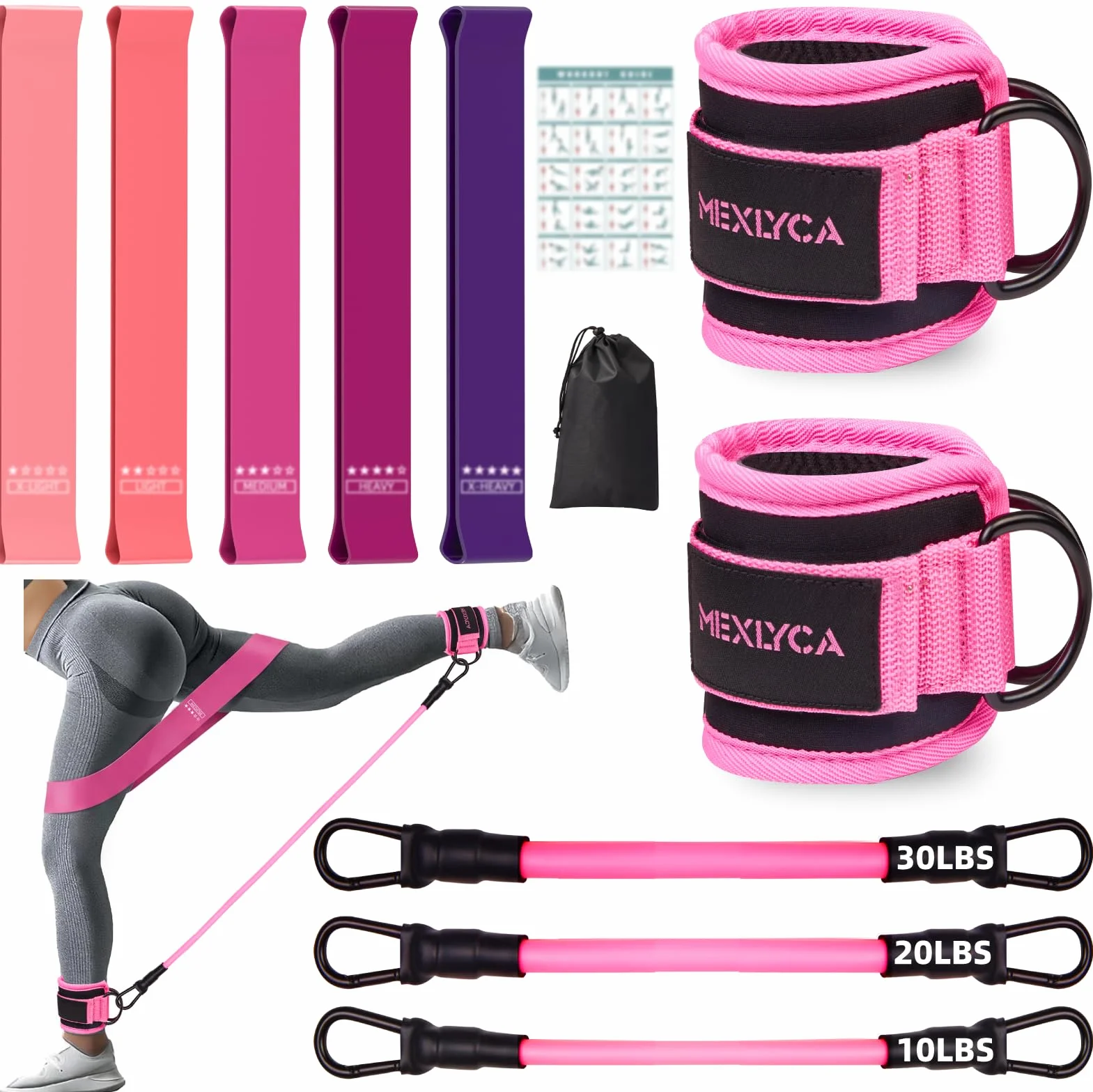 Set de Bandas elasticas 12 Piezas - Bandas de Resistencia TPE de 5 a 40 LB y Tobilleras Gym de 10 a 30 LB, para Entrenamiento, Fitness, Yoga y casa, Incluye guía de Entrenamiento y Bolsa