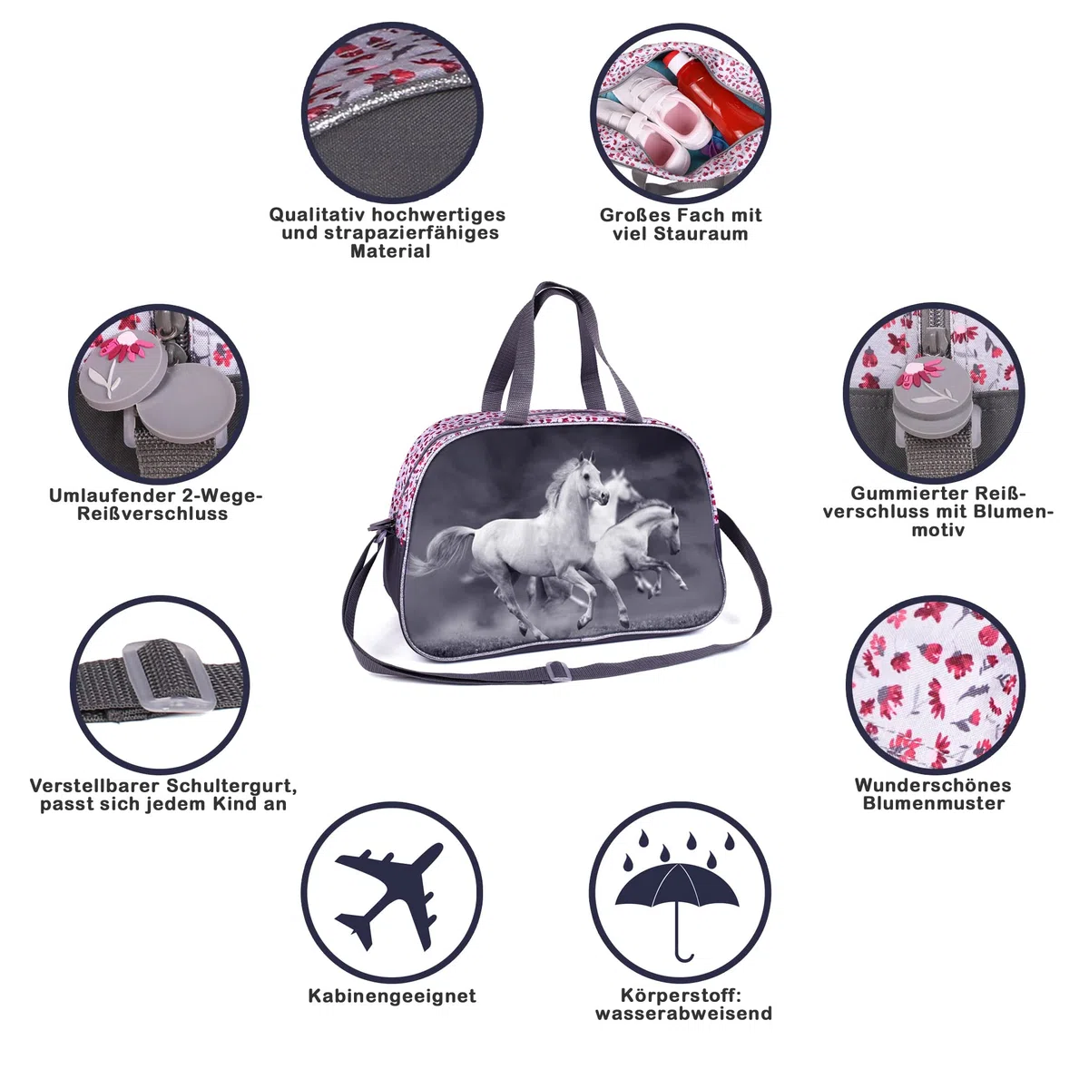 Bolsa de Deporte para niña con diseño de Caballos 40 x 25 x 13 cm