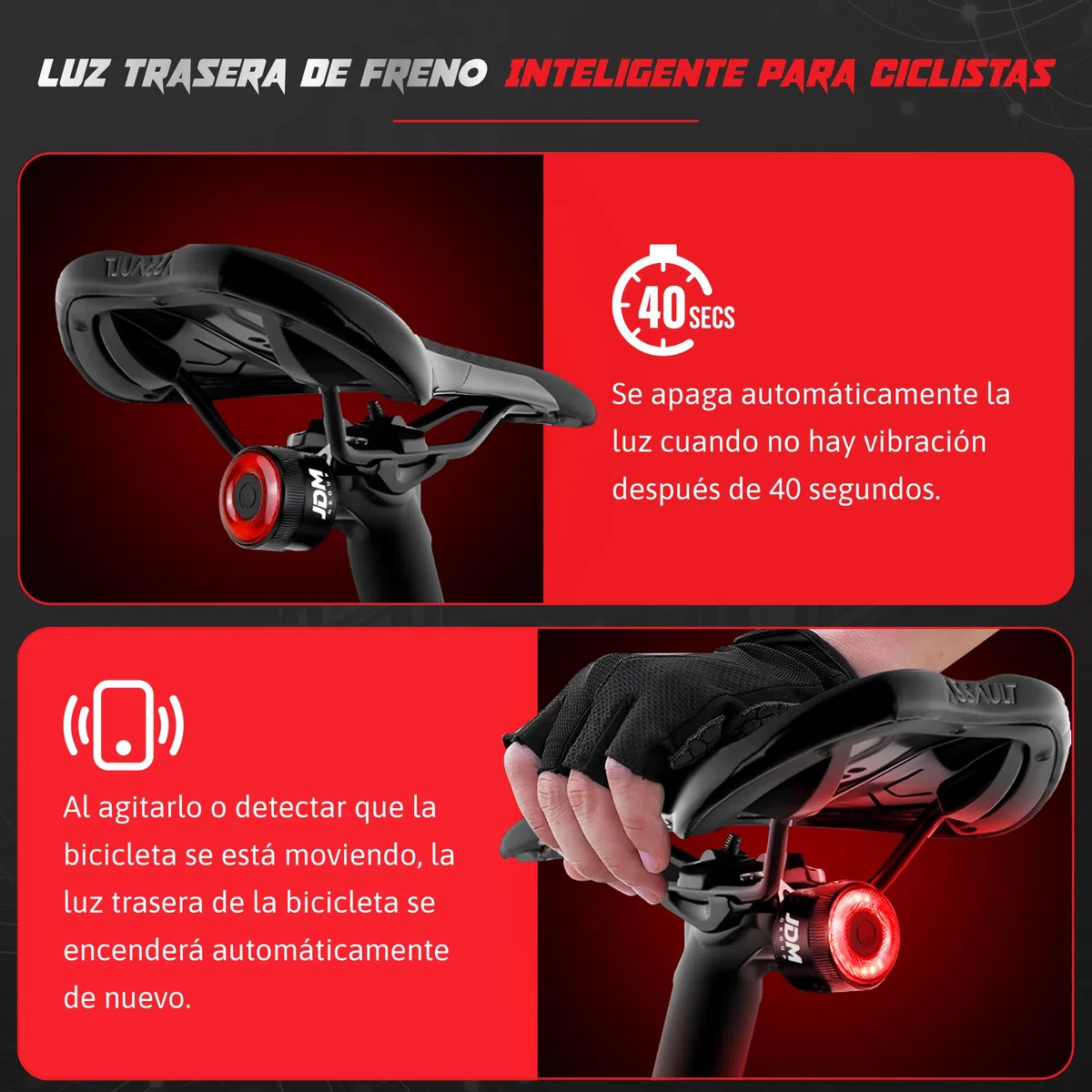 Luz Trasera Bicicleta Potente LED de 300 Lumenes de Alto Brillo - con Sensor de Freno Inteligente y Auto On/Off - Recargable USB - 5 Modos - Batería De 450 mAH Impermeable y De Aluminio.