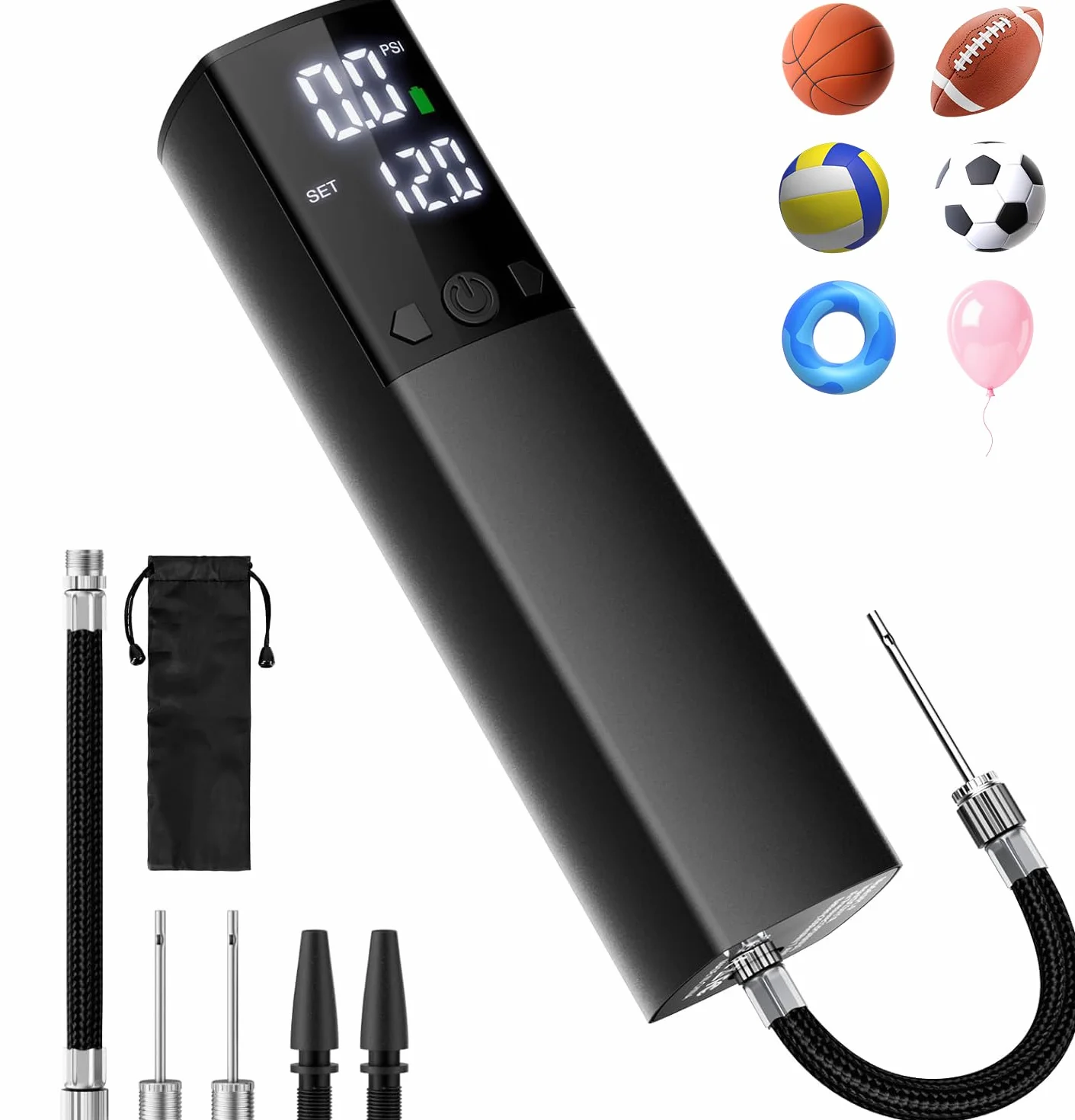 Bomba eléctrica para balones, Bomba automática portátil para inflado rápido de balones con manómetro preciso y Pantalla LCD Digital para Baloncesto, fútbol, Voleibol (2 Agujas y 1 Boquilla)