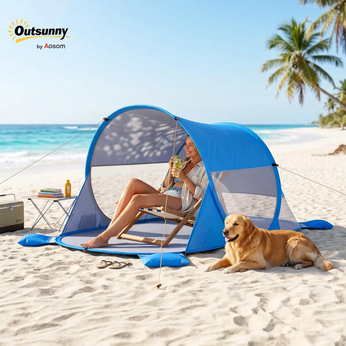 Outsunny Tienda de Playa Plegable Pop-up Carpa de Playa Automático para 1-2 Personas con 1 Puerta 2 Ventanas y Bolsa de Transporte para Parque Camping 200x120x90 cm Azul