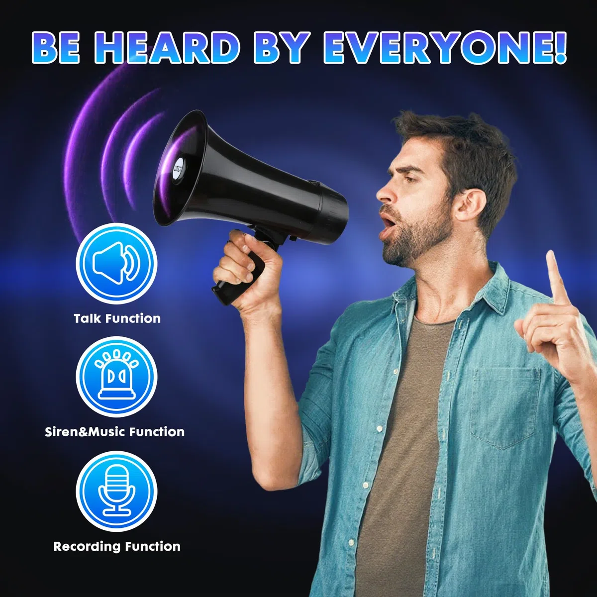 UZOCHI Altavoz megáfono megáfono recargable de 20 W, sirena y grabación de 240 segundos, mega teléfono portátil con pantalla de alimentación y correa (negro)