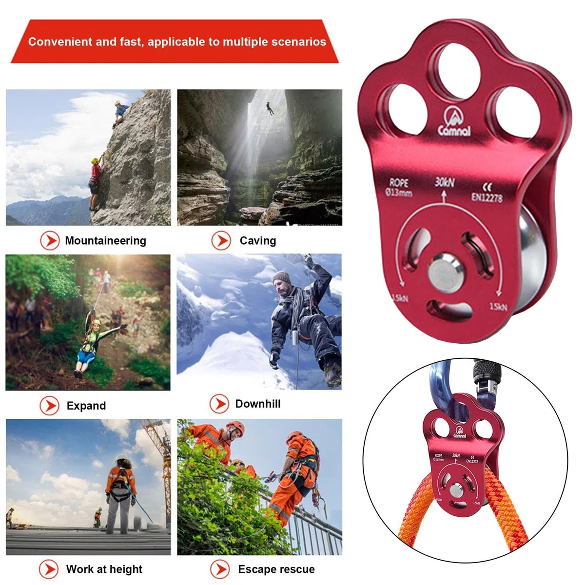 Rescate para Escalada, polea Fija conexión 3 Agujeros con Doble rodamiento, polea Externa portátil para Salvar en Escalada en tirolina en el Patio, 30 KN