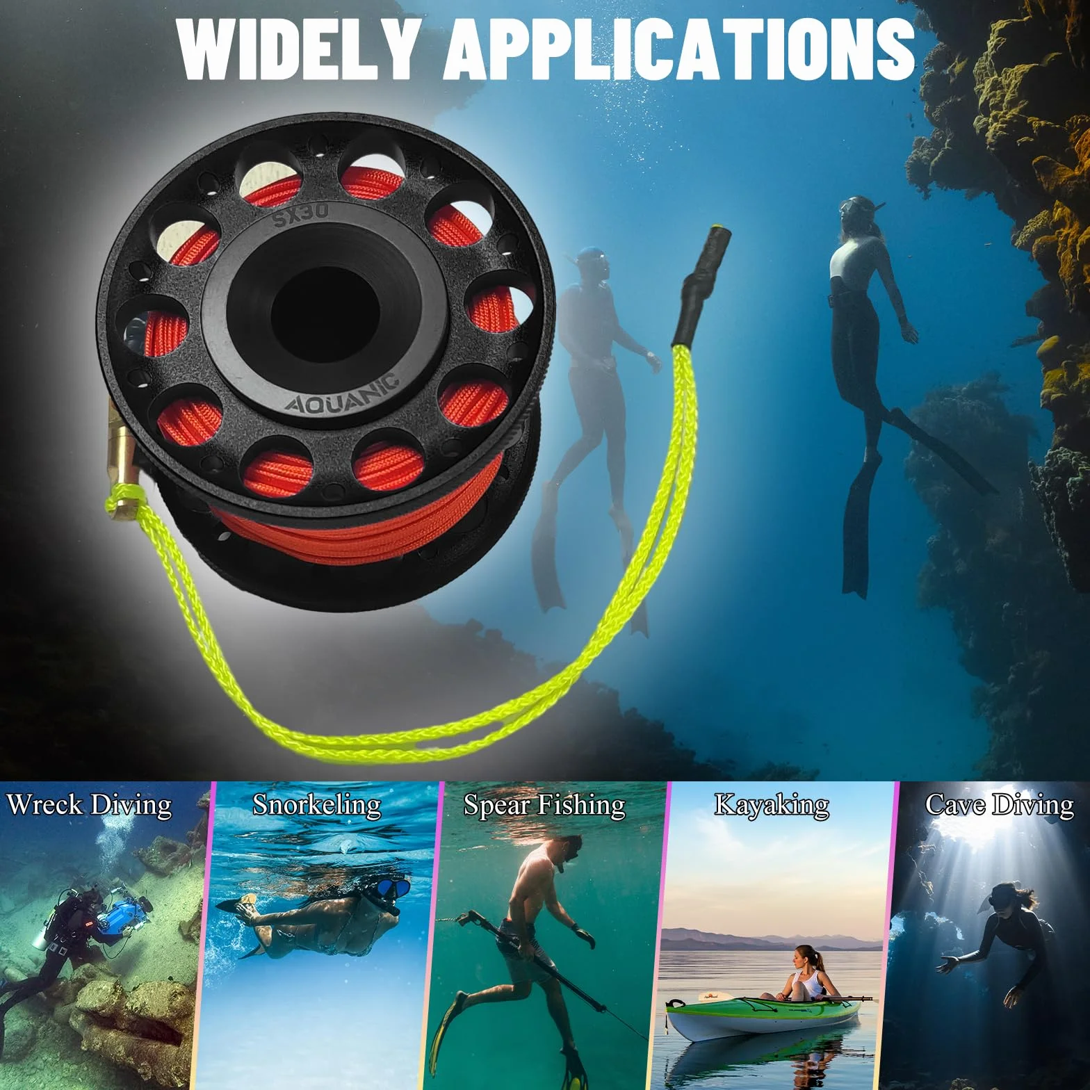 Carrete de buceo de 99 pies, carrete de dedo con perno de doble extremo, clip de presión de aluminio, carrete de carrete de dedo para esnórquel, buceo, pesca, color negro