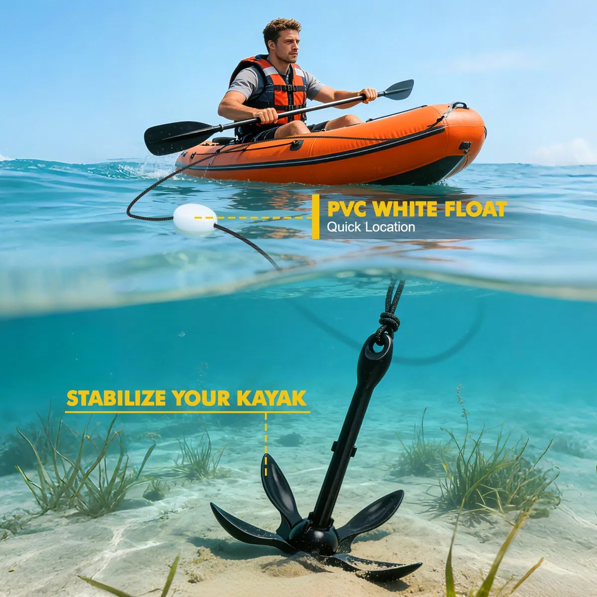 Anclaje de Barco de 1.59 kg, Ancla Plegable, Kit de Ancla Barco Pequeña con Cuerda Flotante de 10m, una boya de Bola y una Bolsa de Almacenamiento, para Kayaks, Moto de Agua Jet, Canoas