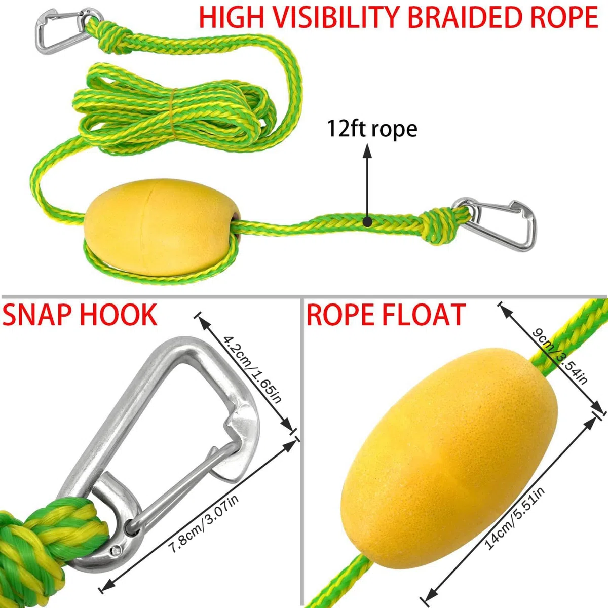 Cuerda Flotante con Flotador de boya, Cuerda de Anclaje de Flotador de Piscina Resistente de 12 pies con Gancho de Acero Inoxidable, Ancla de Barco de Alta Visibilidad para Agua de Playa, Lago o