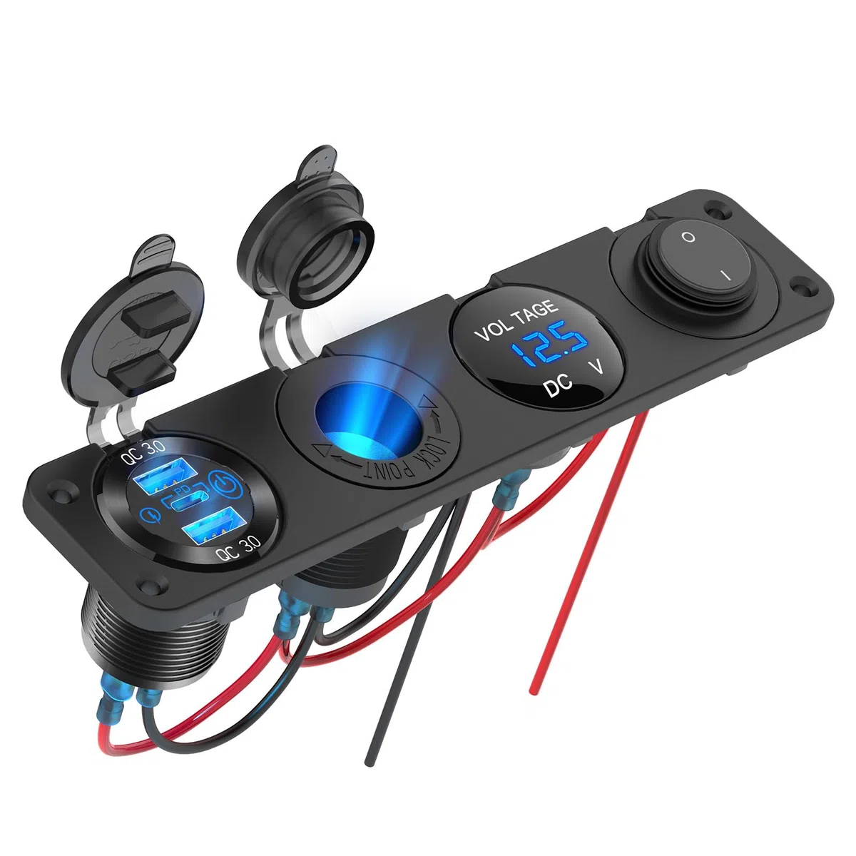 Toma USB 12V Accesorio RV Marina Panel de Interruptores Enchufe, Doble PD3.0 Puerto USB del coche cargador aluminio, 150W Enchufe mechero, Voltímetro LED azul e interruptor de palanca Kit de bricolaje