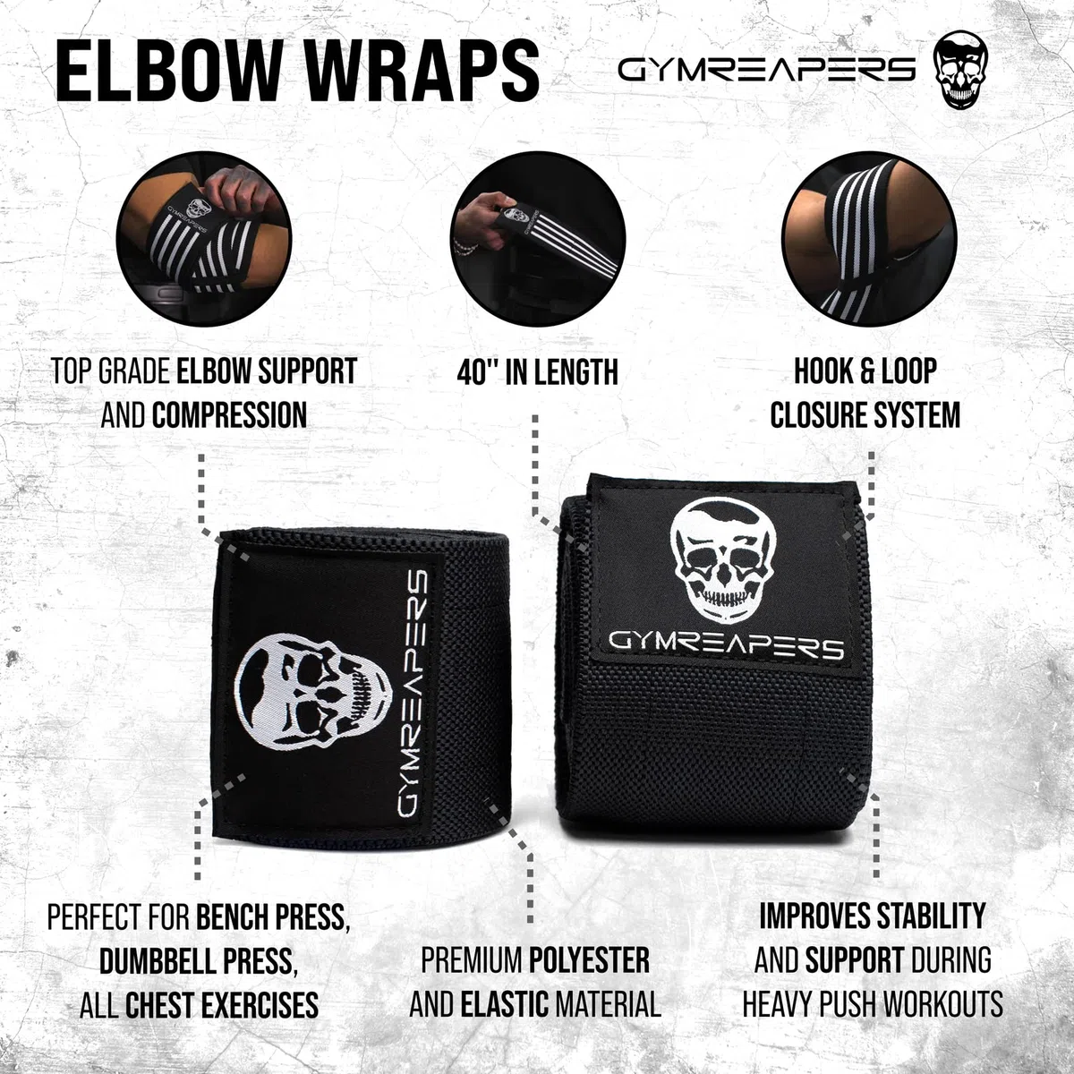 Gymreapers Coderas de levantamiento de pesas (1 par) – Correa de compresión flexible de 40 pulgadas y soporte de articulación – para prensa de banco, levantamiento de pesas y prensado (negro)