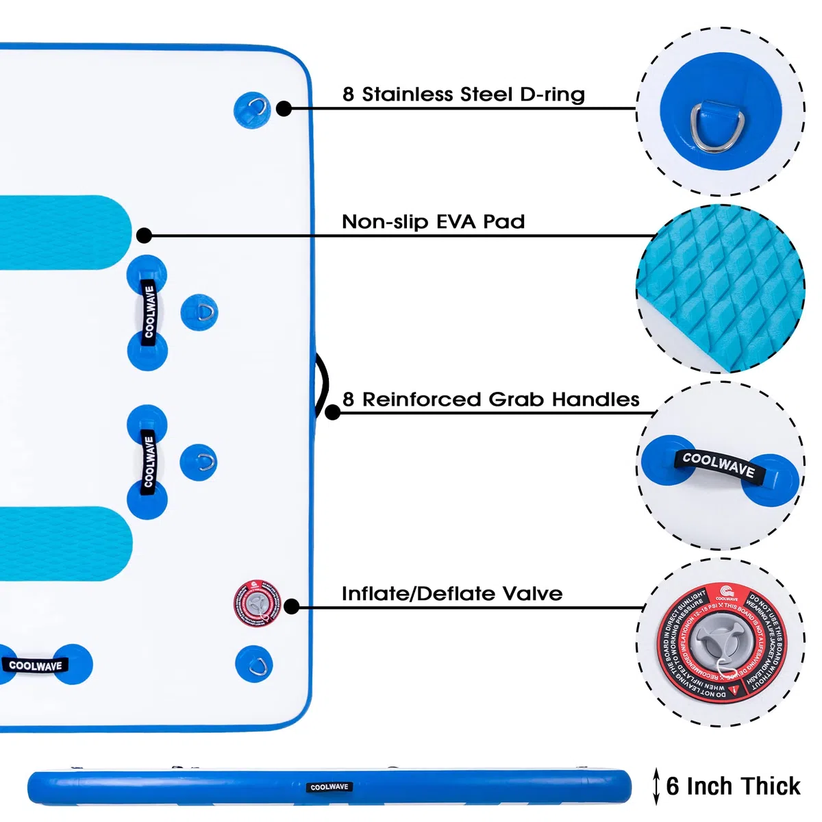 COOLWAVE Plataforma inflable flotante para lagos, plataforma de baño grande de 8 x 6 pies, inflable con almohadilla antideslizante, isla de baño inflable con bomba de aire eléctrica para 4-5 personas