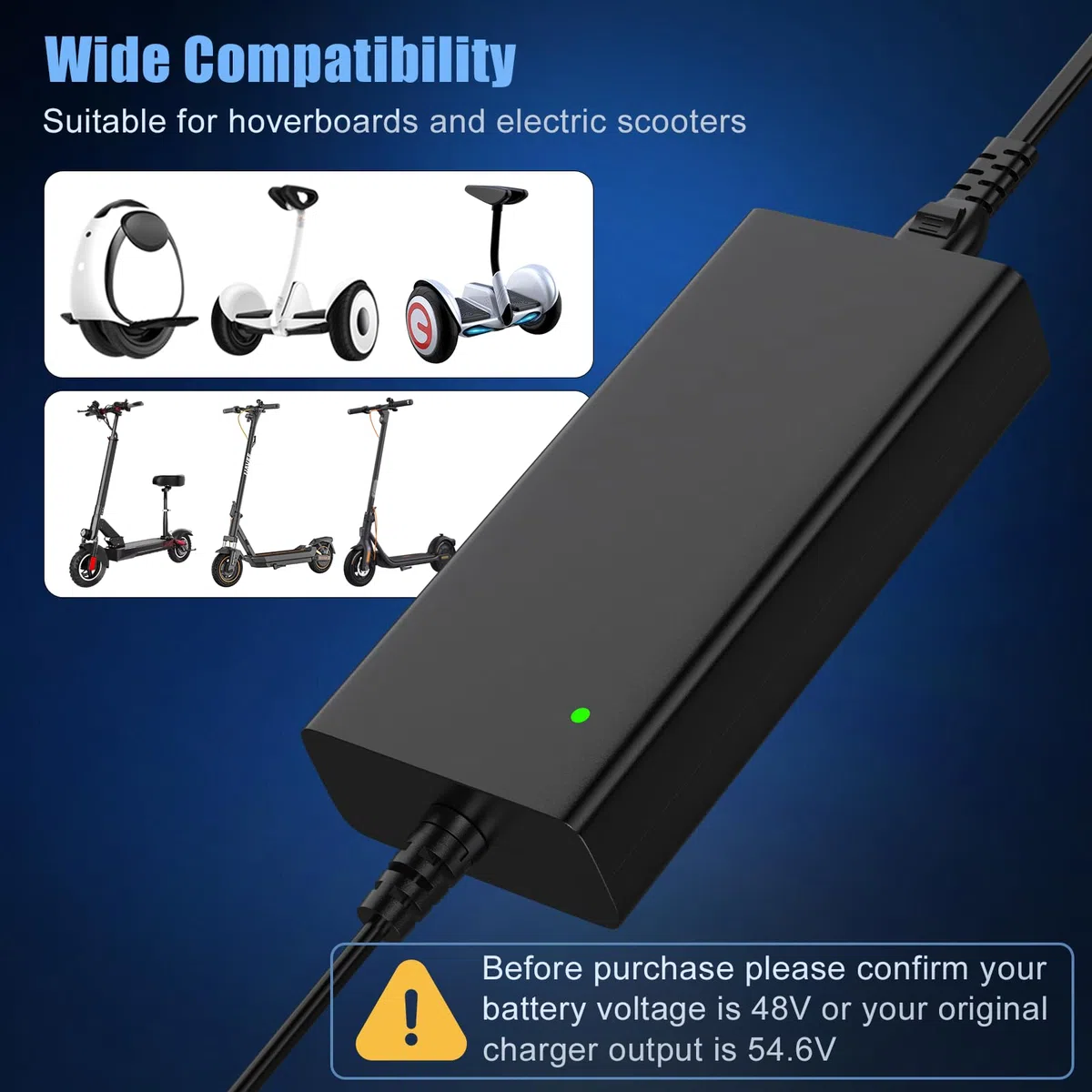 Cargador 54,6V 2A para E-Scooter con 6 Conectores – Adaptador Universal 48V para Baterías de Litio, Cable Compatible con Xiaomi, Segway/Ninebot, Hitway, Dualtron, Kaabo, E-Bike