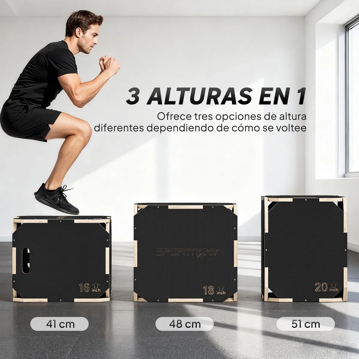 SPORTNOW Cajón Pliométrico de Madera 3 en 1, Plataforma de Caja Pliométrica con 3 Alturas Ajustables, Asas, sin Esquinas, Entrenamiento de Salto, Fuerza, para Casa, Gimnasio y Exterior